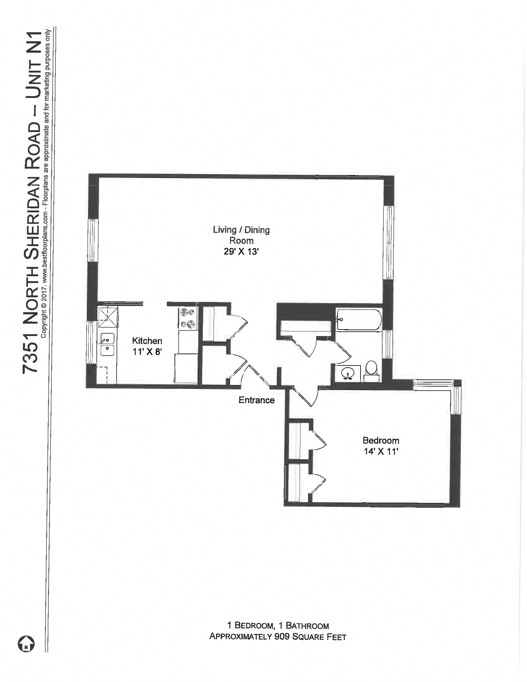 Floor plan for 1 bed, 1 bath, 650 sqft
